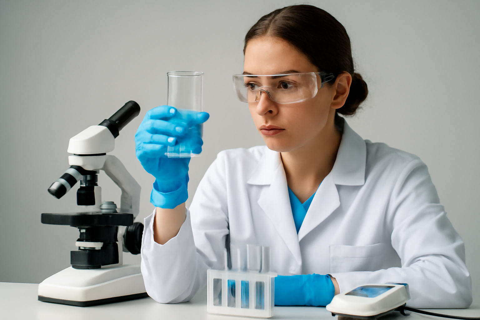 Escena ilustrativa de una persona técnica observando una muestra de agua junto a instrumentos de análisis en una mesa de laboratorio; composición cercana, sin marcas ni texto.