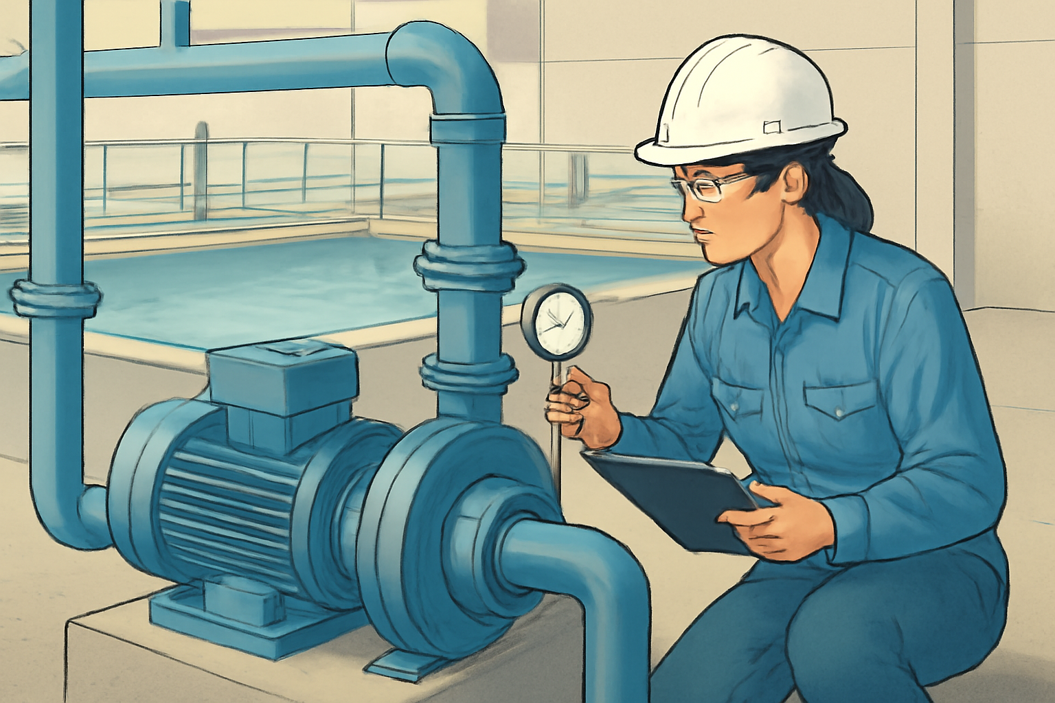 Ilustración de una persona técnica revisando un equipo de bombeo de agua y un manómetro durante el mantenimiento de una planta de tratamiento; escena genérica, sin marcas ni texto.