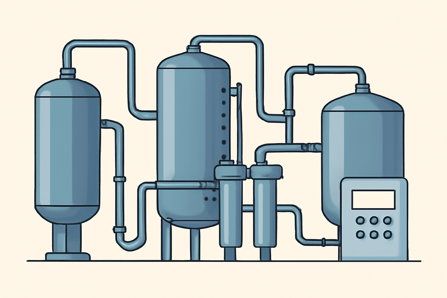 Ilustración de una planta genérica de tratamiento de agua industrial, con tanques, tuberías y filtros conectados en una disposición clara; sin logotipos, etiquetas ni texto.