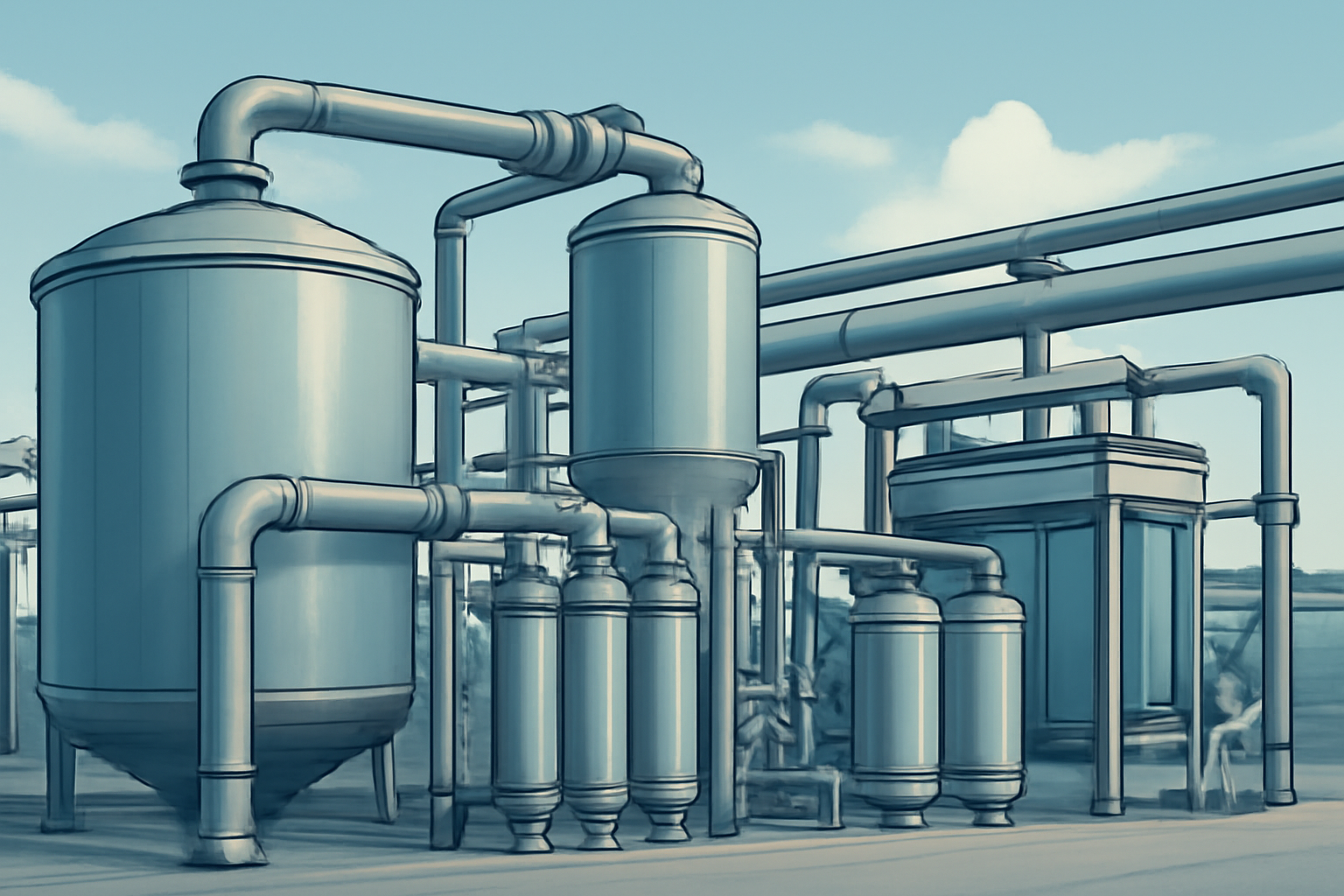Ilustración conceptual de una estación de tratamiento de agua industrial, con tanques, tuberías conectadas y filtros en una composición amplia; sin logotipos, rótulos ni cifras.