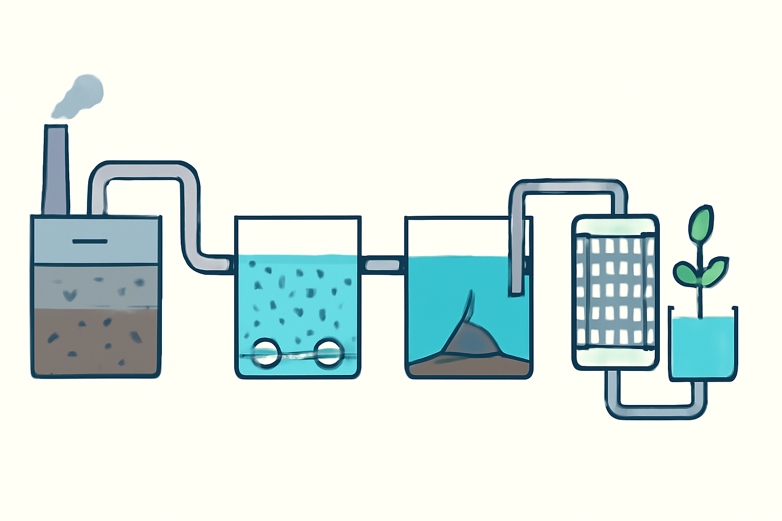 Ilustración esquemática de las etapas de tratamiento de aguas residuales industriales, desde la entrada del agua hasta la filtración y el seguimiento; sin rótulos ni texto.
