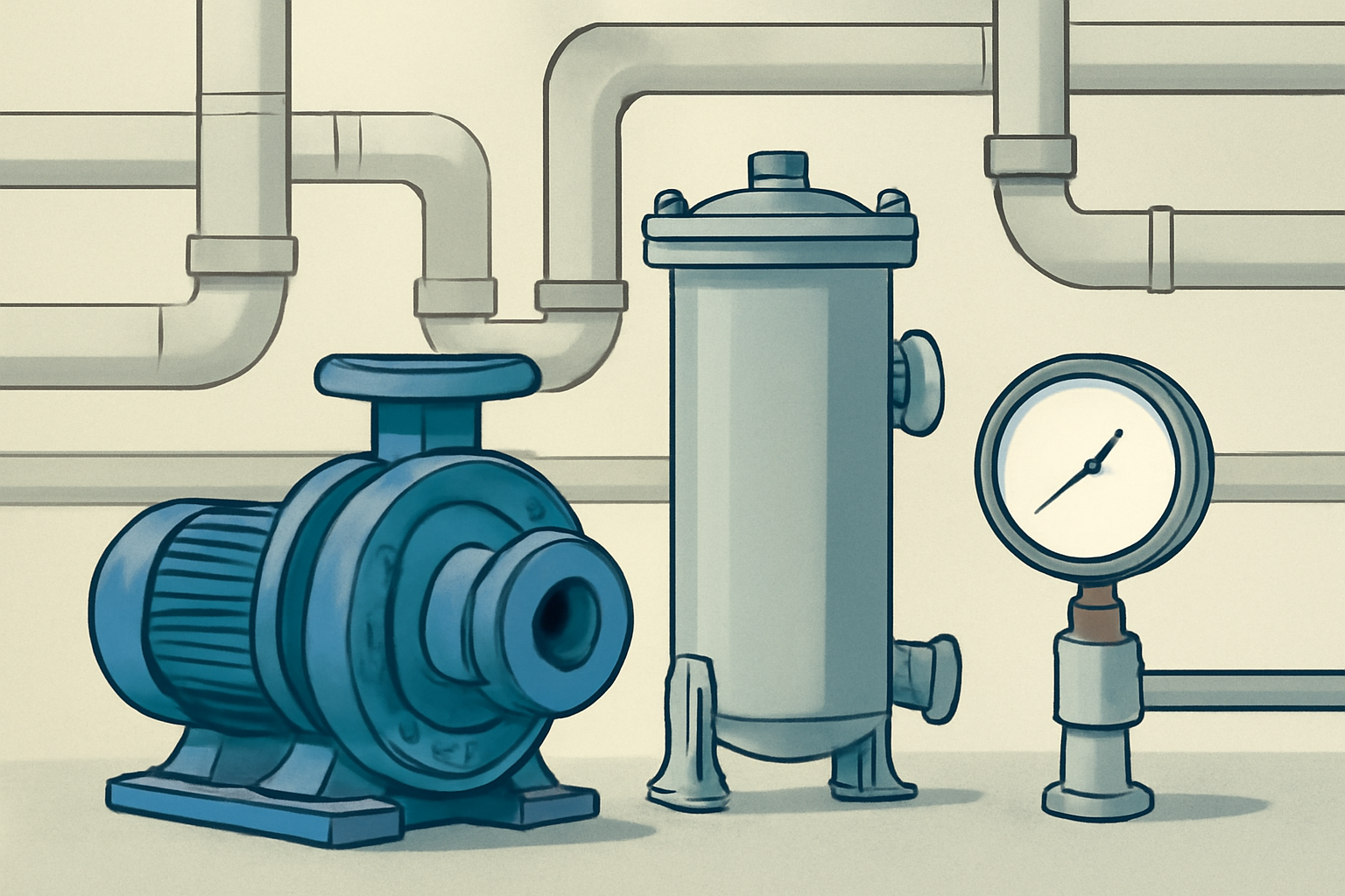 Ilustración conceptual de mantenimiento preventivo: una bomba, un filtro y un manómetro dispuestos en primer plano, con tuberías al fondo; sin etiquetas, marcas ni cifras.